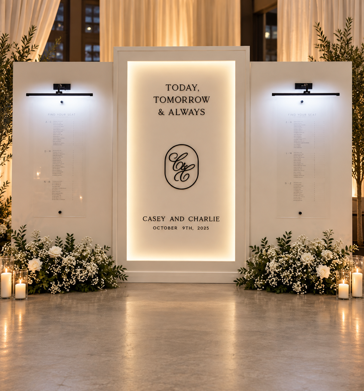 Custom event welcome and seating display